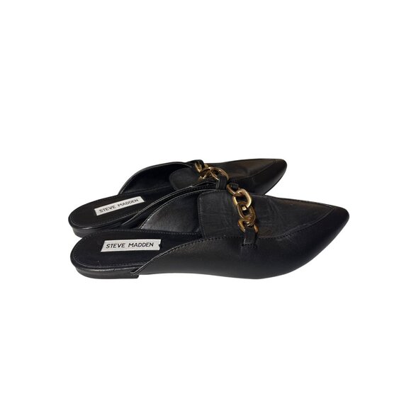 Steve Madden Womens Black Leather Loafers Mules Size 8.5M With Chain Detail - Picture 3 of 6